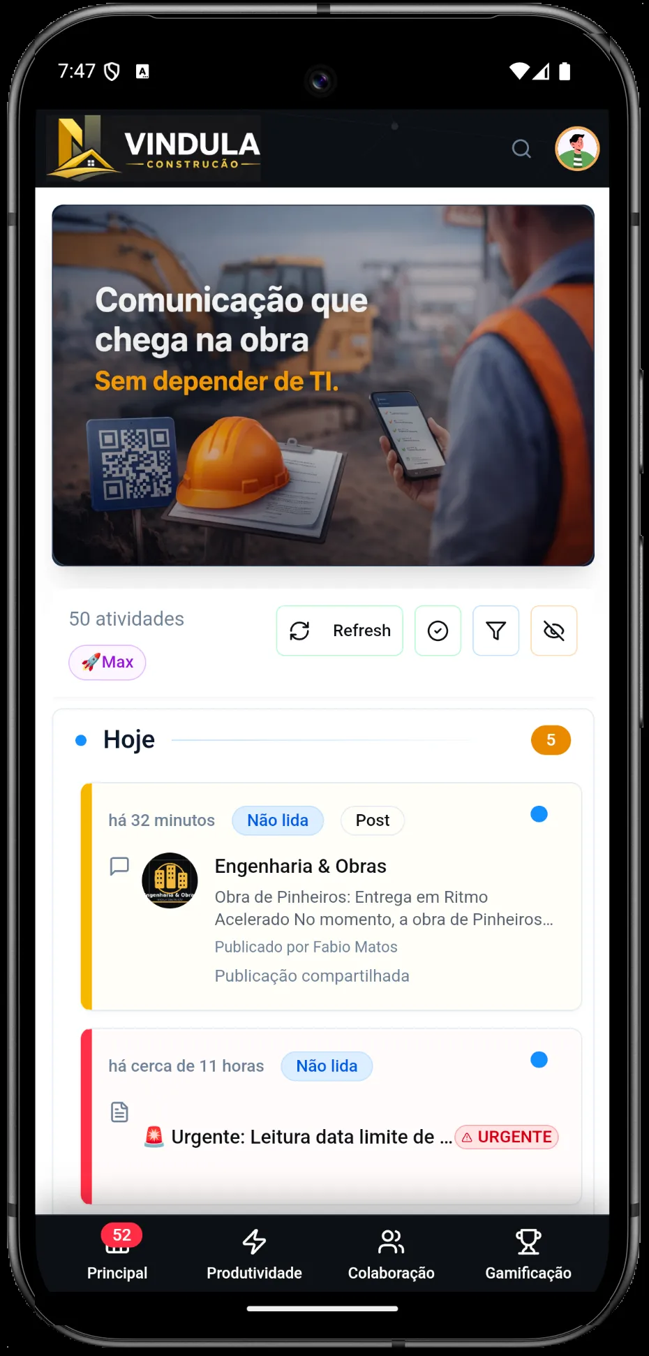 Aplicativo Vindula no celular com feed operacional e comunicados