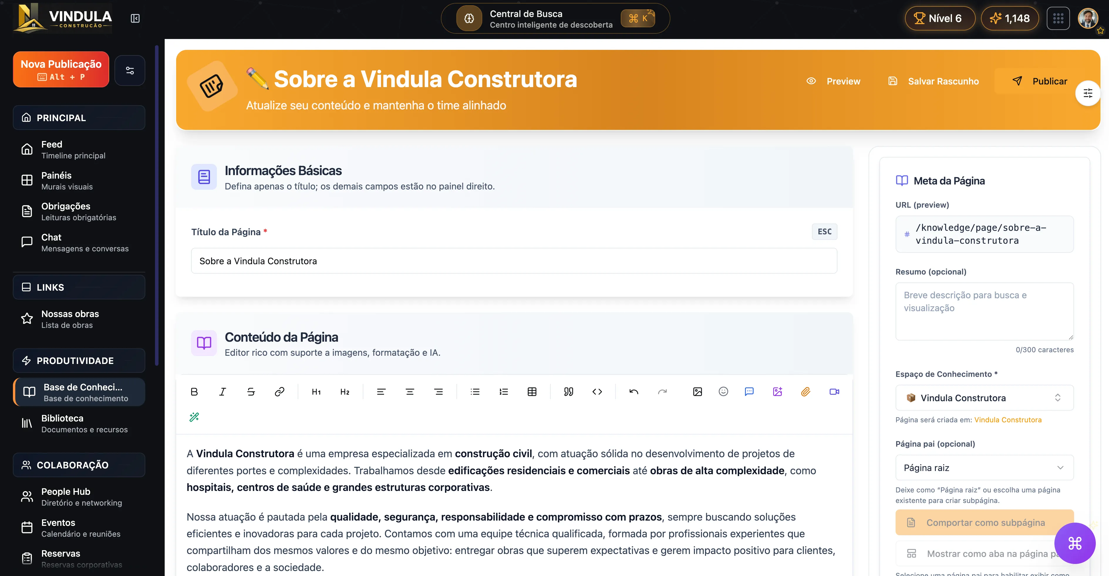Edição de página na base de conhecimento do Vindula