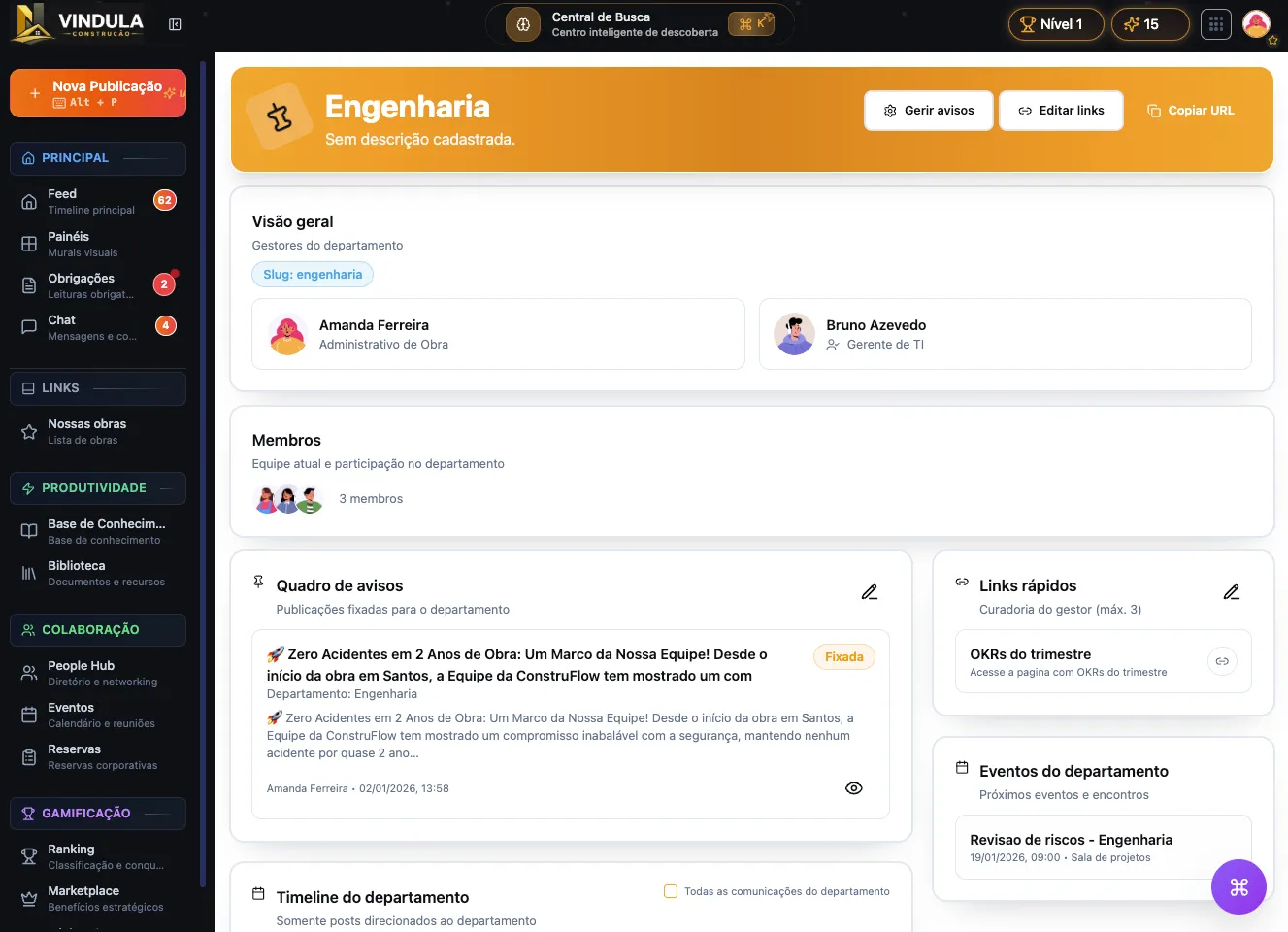 Página de comunicação por departamento na intranet Vindula
