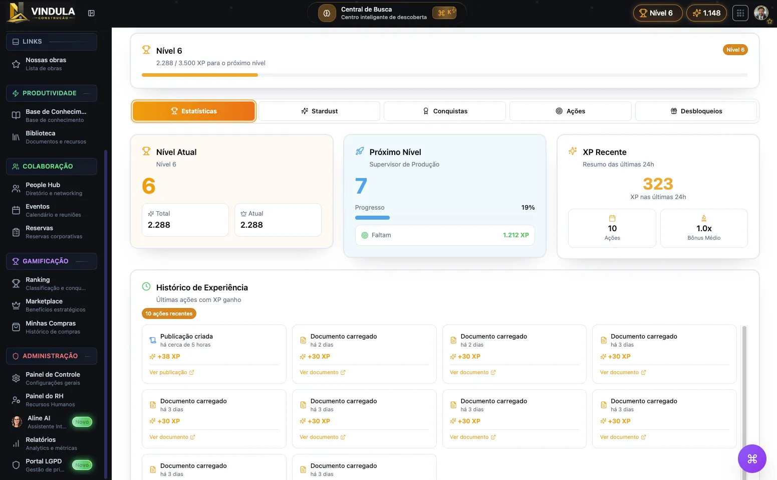 Ranking e evolução de níveis por colaborador