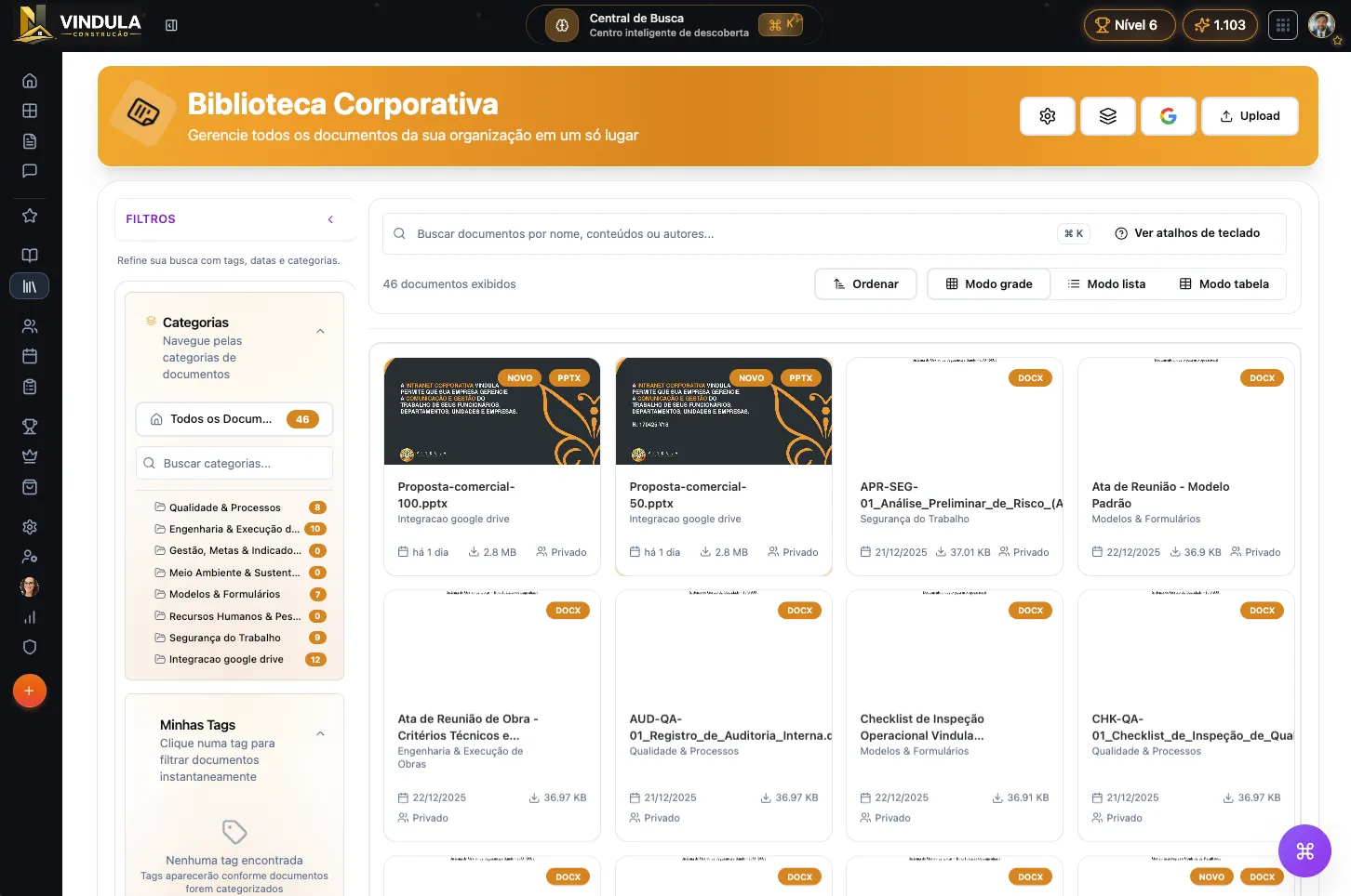 Biblioteca corporativa do Vindula com gestão de documentos