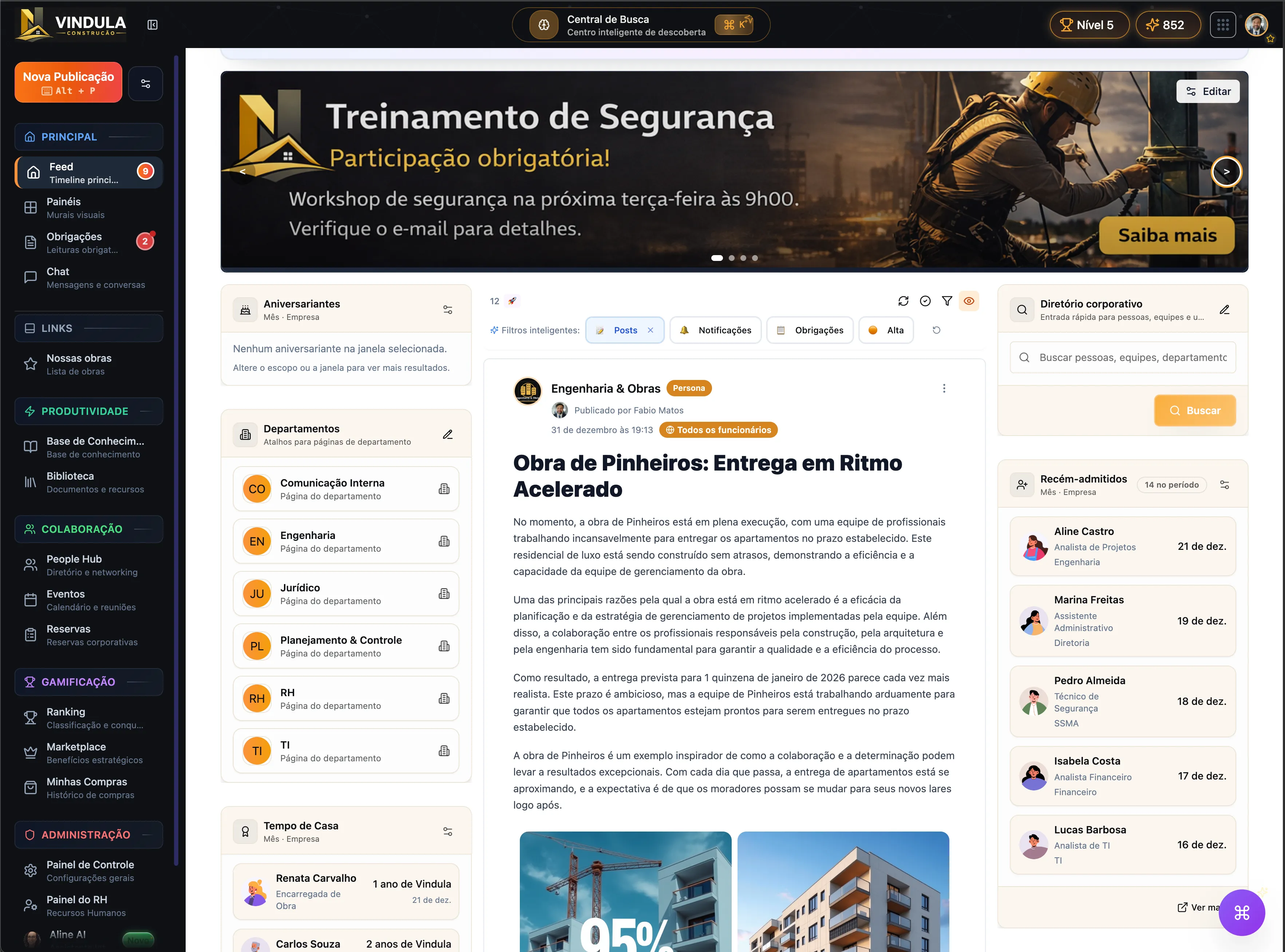 Intranet da Vindula para construção com conteúdo de obra e diretório