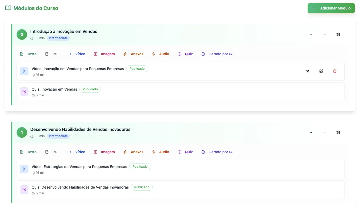 Ambiente de cursos e conteúdos de treinamento do Vindula
